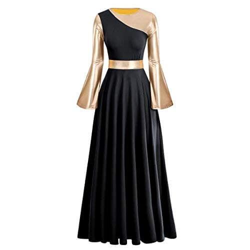 Women's Gold Metallic Worship Dance Dress with Bell Sleeves