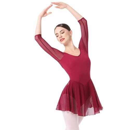 ODASDO Women's 3/4 Sleeve Skirted Leotard with Built-in Panty for Teens and Adults Ballet Outfit