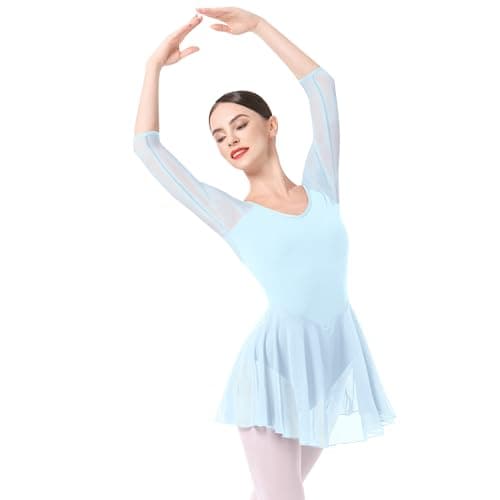 ODASDO Women's 3/4 Sleeve Skirted Leotard with Built-in Panty for Teens and Adults Ballet Outfit