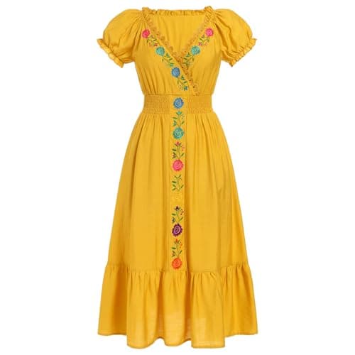 ABE-HIK Women's Floral Embroidered Mexican Fiesta Dress for Cinco de Mayo