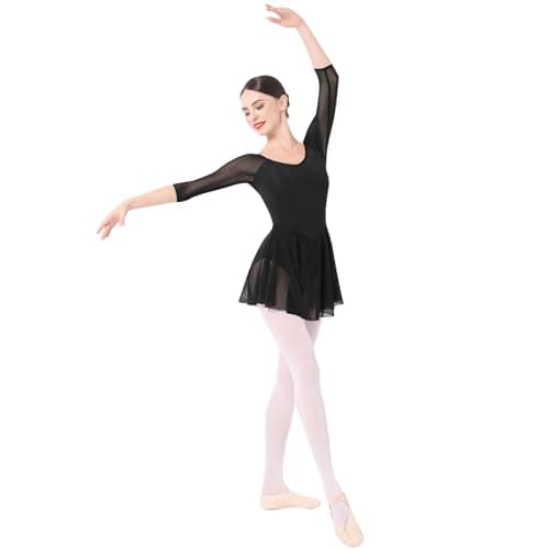 ODASDO Women's 3/4 Sleeve Skirted Leotard with Built-in Panty for Teens and Adults Ballet Outfit