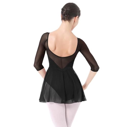 ODASDO Women's 3/4 Sleeve Skirted Leotard with Built-in Panty for Teens and Adults Ballet Outfit
