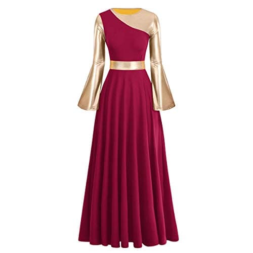 Women's Gold Metallic Worship Dance Dress with Bell Sleeves