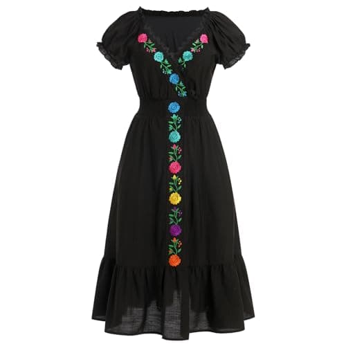 ABE-HIK Women's Floral Embroidered Mexican Fiesta Dress for Cinco de Mayo