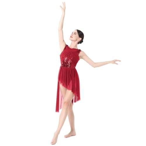 Elegant Lyrical Dance Dress with Lace Cap Sleeve and Asymmetrical Tulle Skirt (XS-XL)