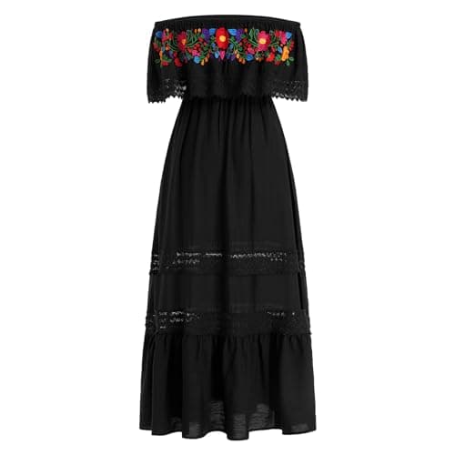 ABEHIK Women's Off-Shoulder Embroidered Mexican Maxi Dress for Cinco de Mayo