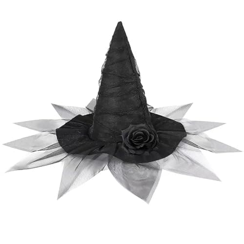 Halloween Ruched Witch Hat with Veil and Rose for Women