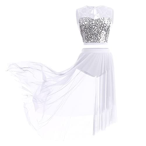 Sequin Lace Floral Crop Top and Flowy Mesh Tulle Skirt 2pcs Outfit for Lyrical Dance Costume