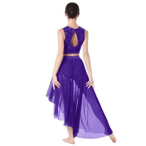 Sequin Lace Floral Crop Top and Flowy Mesh Tulle Skirt 2pcs Outfit for Lyrical Dance Costume