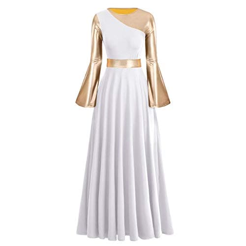 Women's Gold Metallic Worship Dance Dress with Bell Sleeves