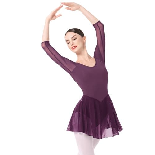 ODASDO Women's 3/4 Sleeve Skirted Leotard with Built-in Panty for Teens and Adults Ballet Outfit