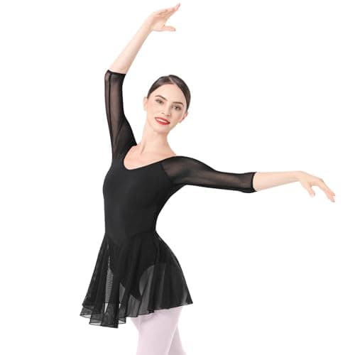 ODASDO Women's 3/4 Sleeve Skirted Leotard with Built-in Panty for Teens and Adults Ballet Outfit