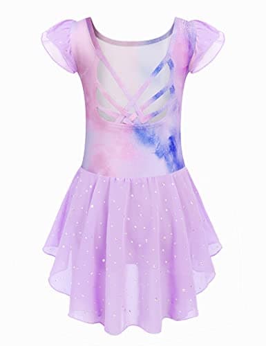 Arshiner Shiny Ruffle Sleeve Ballet Leotard with Skirt Dance Dresses