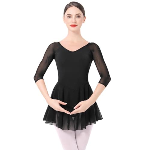 ODASDO Women's 3/4 Sleeve Skirted Leotard with Built-in Panty for Teens and Adults Ballet Outfit
