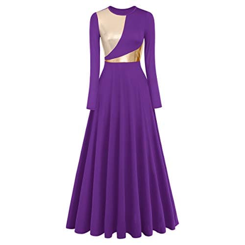 Metallic Color Block Long Sleeve Praise Dance Dresses for Women