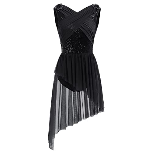Elegant Lyrical Dance Dress with Lace Cap Sleeve and Asymmetrical Tulle Skirt (XS-XL)