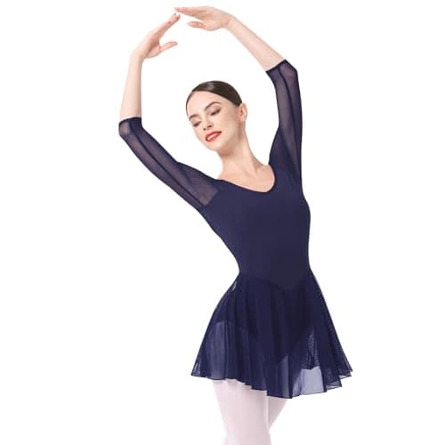 ODASDO Women's 3/4 Sleeve Skirted Leotard with Built-in Panty for Teens and Adults Ballet Outfit