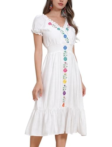 ABE-HIK Women's Floral Embroidered Mexican Fiesta Dress for Cinco de Mayo