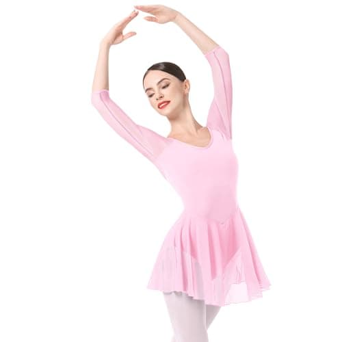 ODASDO Women's 3/4 Sleeve Skirted Leotard with Built-in Panty for Teens and Adults Ballet Outfit