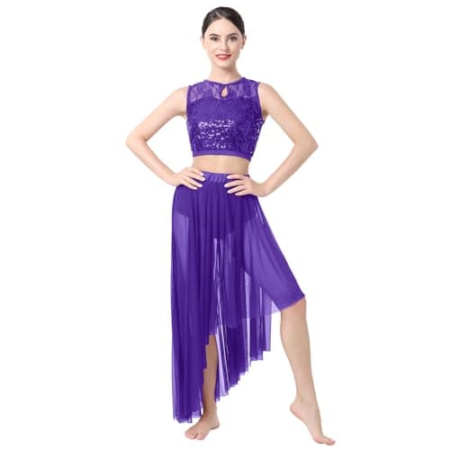 Sequin Lace Floral Crop Top and Flowy Mesh Tulle Skirt 2pcs Outfit for Lyrical Dance Costume