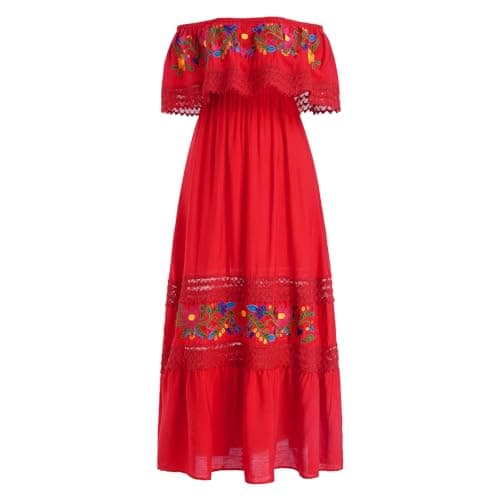 ABEHIK Women's Off-Shoulder Embroidered Mexican Maxi Dress for Cinco de Mayo