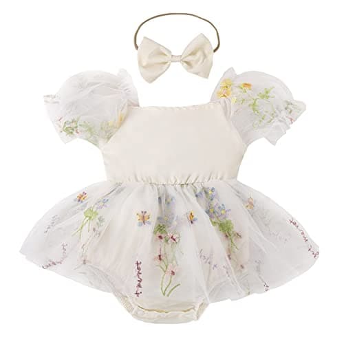 Baby Girls Birthday Party Dress with Flower Embroidery Short Sleeve Sundress and Headband