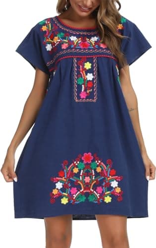 YZXDORWJ Women's Mexican Embroidered Short Sleeve Dress