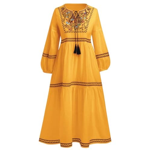 Traditional Mexican Embroidered Floral Peasant Midi Dress for Women