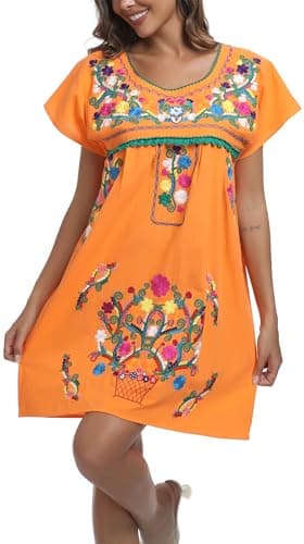 YZXDORWJ Women's Mexican Embroidered Short Sleeve Dress