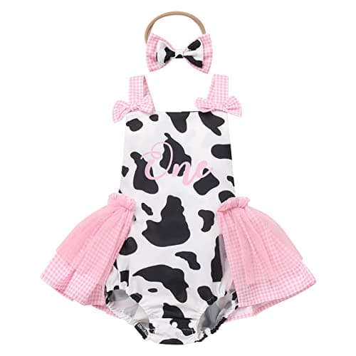 Baby Girls Cow Print Tulle Tutu Romper Dresses with Headband