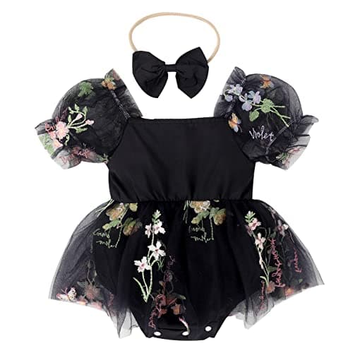 Baby Girls Birthday Party Dress with Flower Embroidery Short Sleeve Sundress and Headband