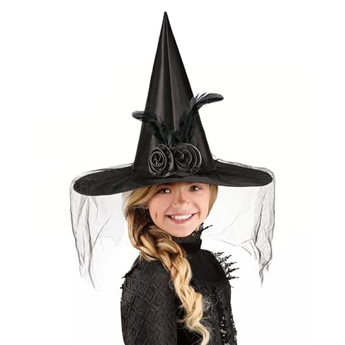 Women's Halloween Witch Hat with Veil, Roses, and Feathers for Cosplay Parties
