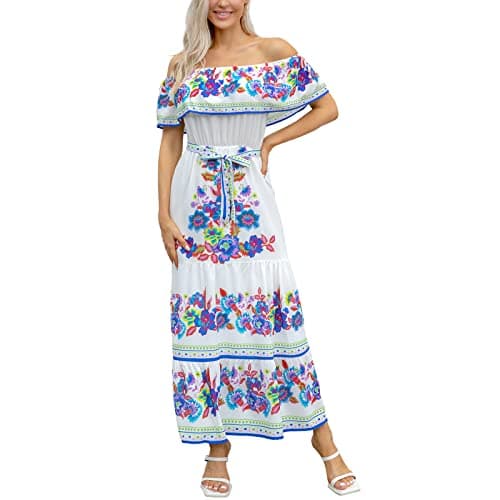 Mexican Floral Print Off The Shoulder Maxi Dress for Women