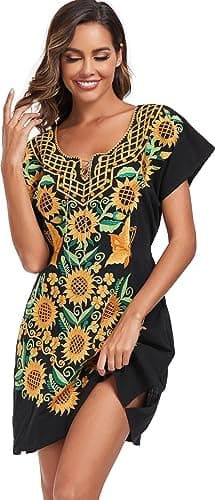 YZXDORWJ Women's Mexican V-Neck Fiesta Dress with Short Sleeves