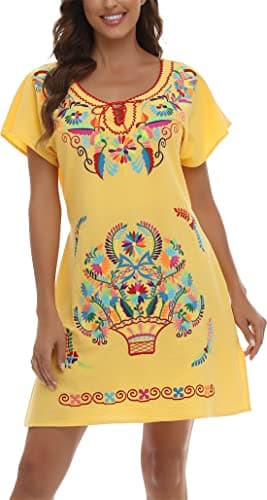 YZXDORWJ Women's Mexican V-Neck Fiesta Dress with Short Sleeves