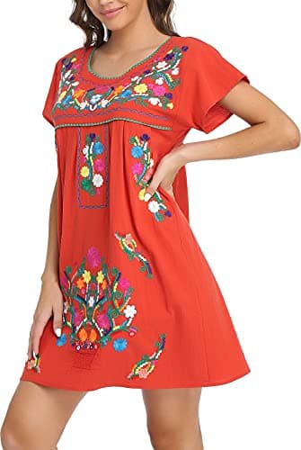 YZXDORWJ Women's Mexican Embroidered Short Sleeve Dress