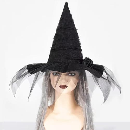 Halloween Ruched Witch Hat with Veil and Rose for Women