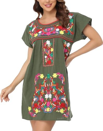 YZXDORWJ Women's Mexican Embroidered Short Sleeve Dress
