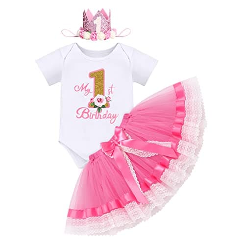 ODASDO Baby Girl First Birthday Outfit with Flower Print Tutu Skirt & Crown
