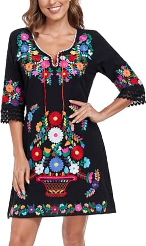 YZXDORWJ Women's Mexican V-Neck Fiesta Dress with Short Sleeves