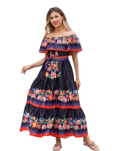 Mexican Floral Off Shoulder Maxi Dress for Women