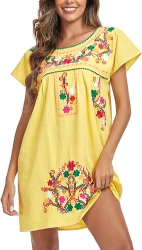 YZXDORWJ Women's Mexican Embroidered Short Sleeve Dress