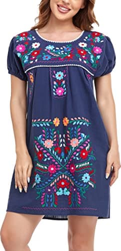 YZXDORWJ Women's Mexican Embroidered Short Sleeve Dress