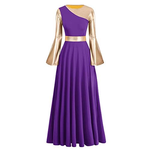 Women's Gold Metallic Worship Dance Dress with Bell Sleeves