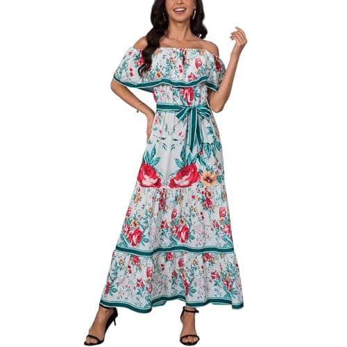 Mexican Floral Print Off The Shoulder Maxi Dress for Women