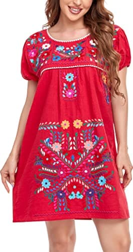 YZXDORWJ Women's Mexican Embroidered Short Sleeve Dress