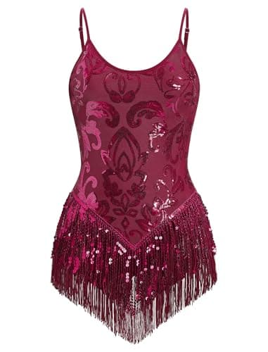Sparkly Sequin Fringe Bodysuit for Women who Dance Latin Jazz and Samba