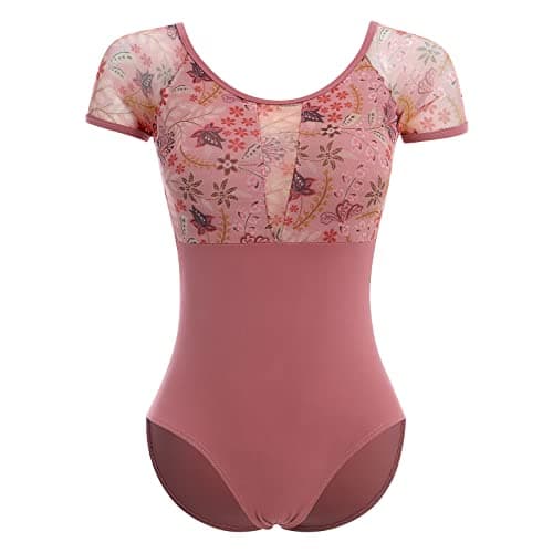 Women's Ballet Dance Leotard with Mesh Floral Back and Padded Bra for Gymnastics and Aerial Yoga