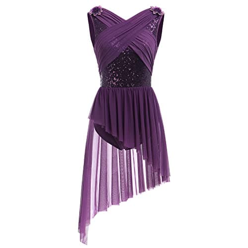 Elegant Lyrical Dance Dress with Lace Cap Sleeve and Asymmetrical Tulle Skirt (XS-XL)