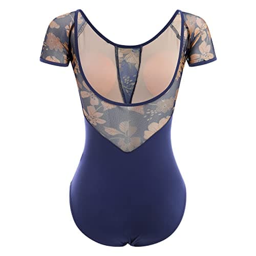 Women's Ballet Dance Leotard with Mesh Floral Back and Padded Bra for Gymnastics and Aerial Yoga